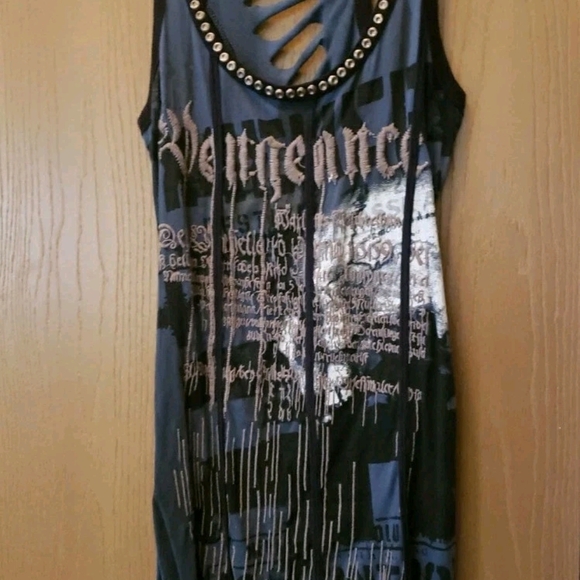 SALVAGE RARE"Vengeance" Edgy Blue and Black Cut Out Back Studded Graphic Dress - Picture 7 of 7
